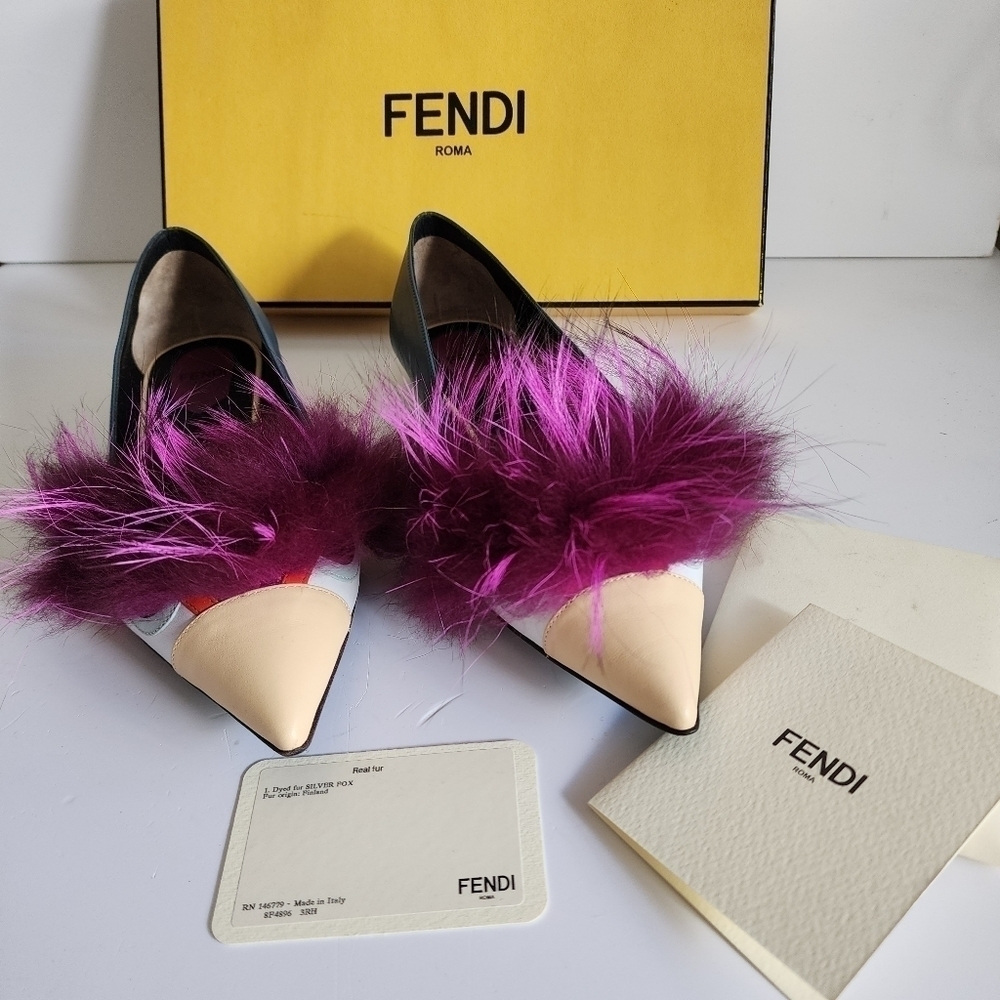 NEW Fendi Leather And Fur Monster Eye Pointed Toe Ballet Flats Size 38